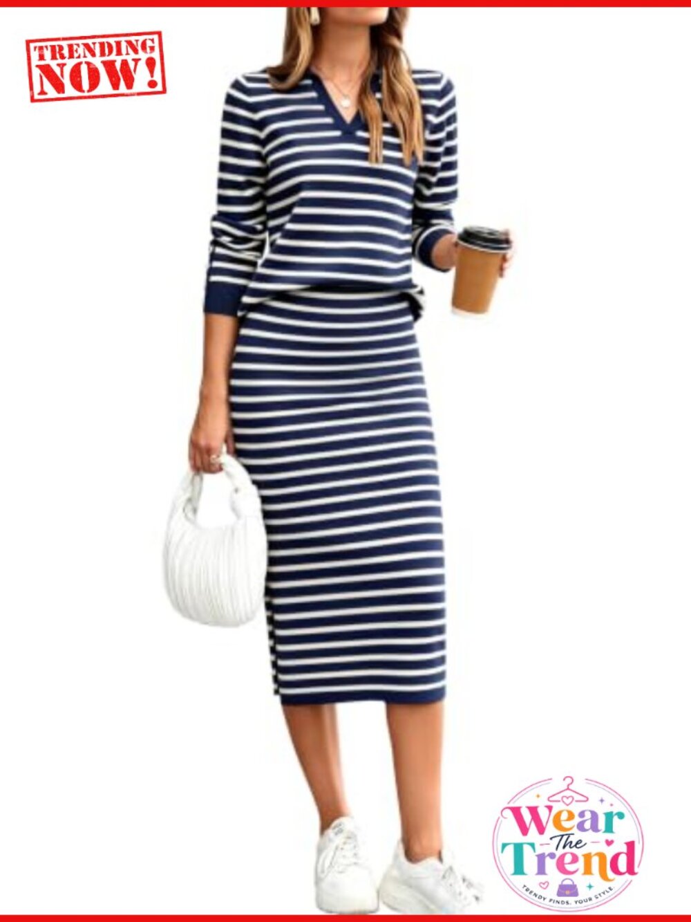 Womens 2 Piece Sweater Skirt Set Striped Knit Midi Polo Neck Long Sleeve